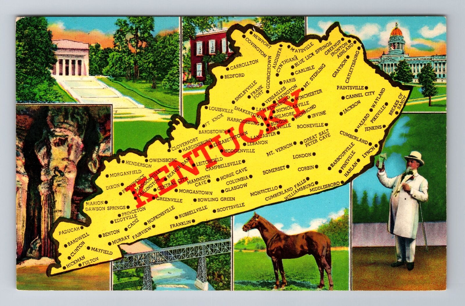 KY-Kentucky, View Of Map And Landmarks, Antique, Vintage Souvenir Postcard