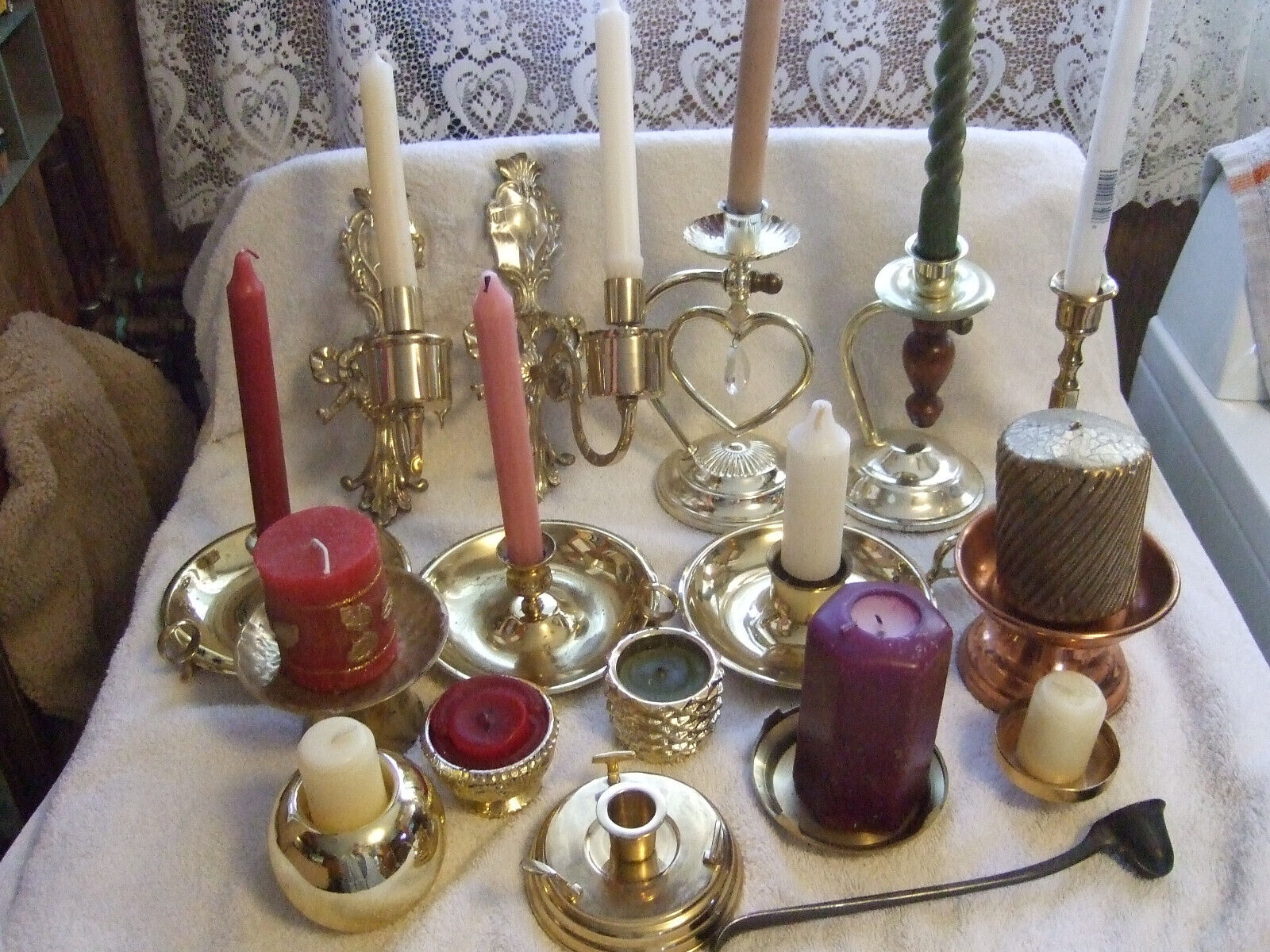 Big Lot of 16 unigue Vintage mostly Brass Candle Holders + unique Free Snifter