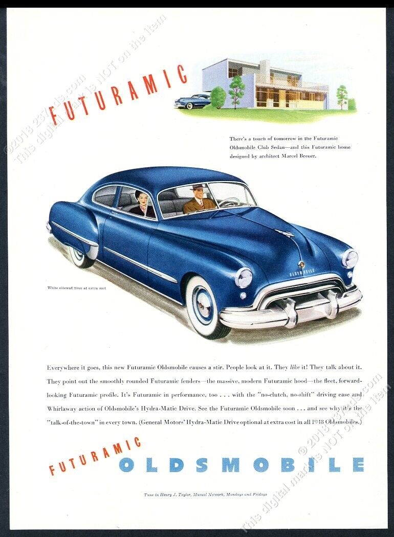 1948 Marcel Breuer modern house art Oldsmopbile couple blue car vintage print ad