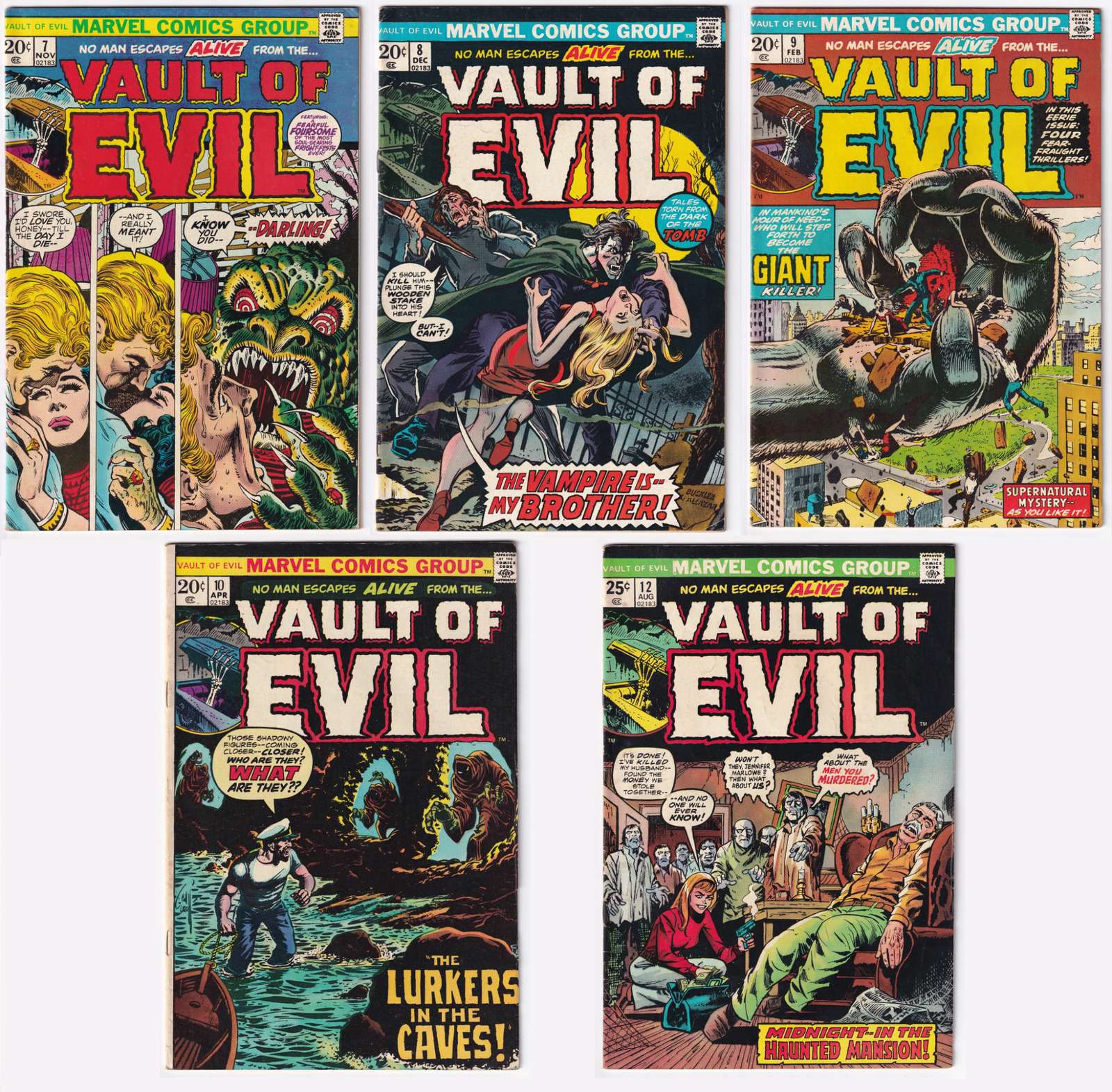 Marvel Vault of Evil LOT (5) #7 8 9 10 12 Comic Book 1973 Various Horror Stories