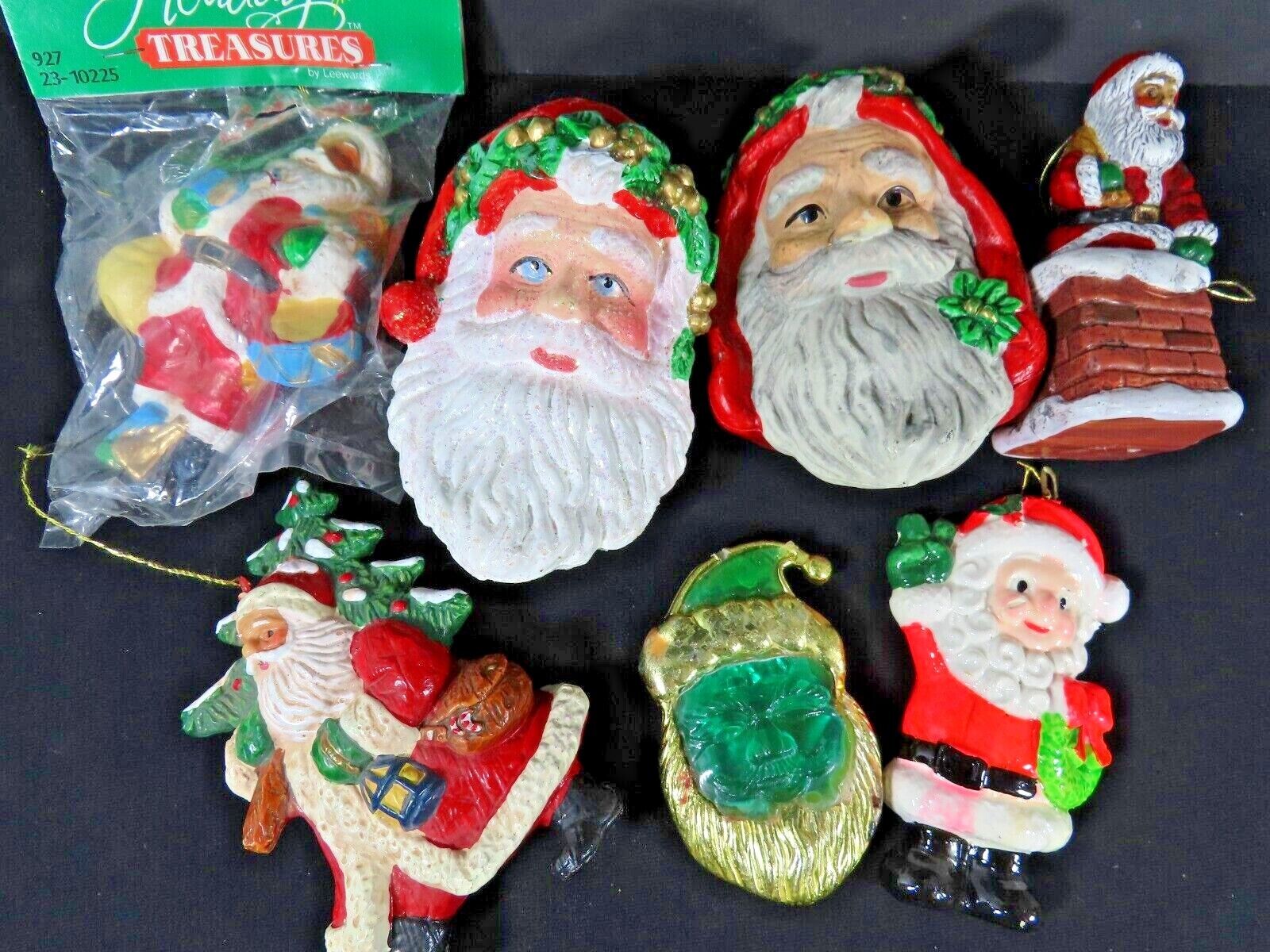 7 Vintage Hard Plastic Christmas Santa Ornaments Lot B8588
