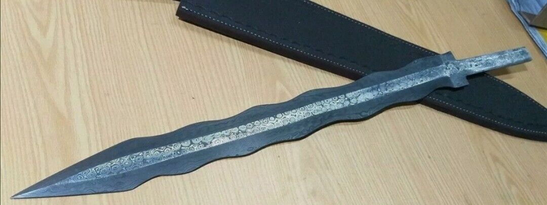 Handmade Damascus Steel Rain Drop Pattern Flamberge Style Blank Blade For Sword