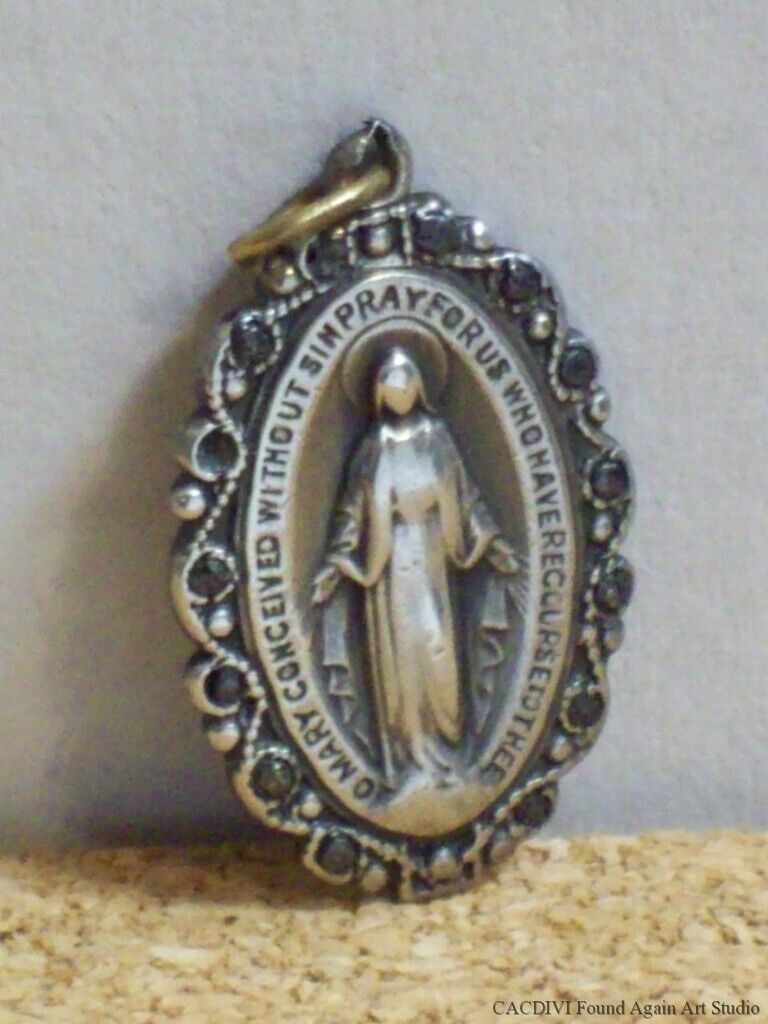 Sterling Silver Holy Mary Miraculous Medal Vintage 925 Catholic Marian Pendant