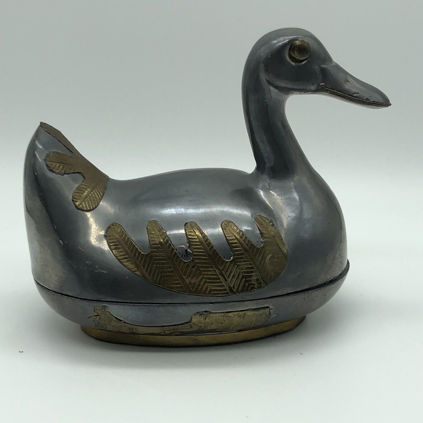 Vintage Large Pewter and Brass Duck Trinket Box Made In Hong Kong