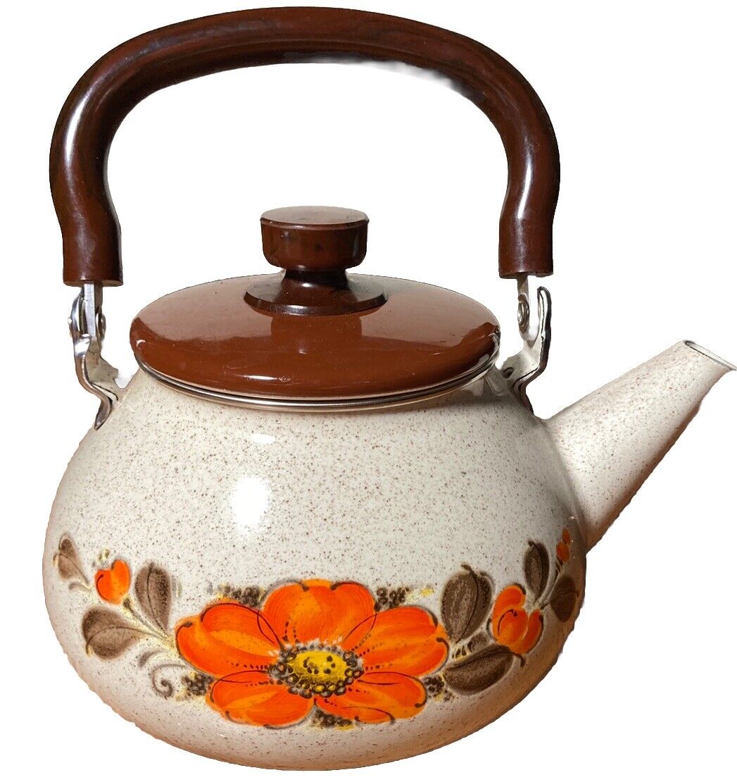 Vintage Sanko Ware Show Pans Tea Kettle. Japan. Orange Poppy Flower
