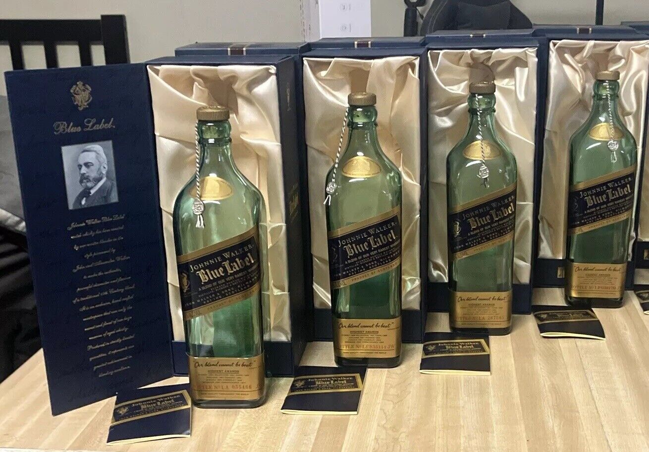 Lot of 4, Johnnie Walker Blue Label Scotch MT Whisky Bottles w/Satin Lined Boxes