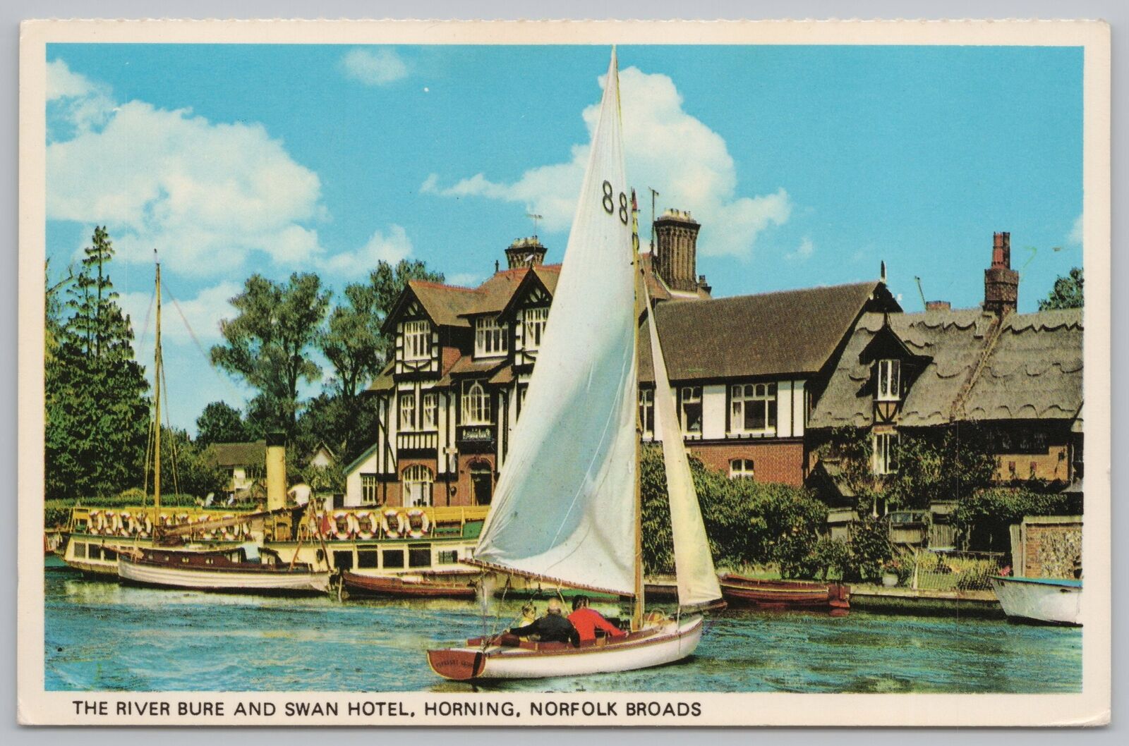 River Bure & Swan Hotel~Boats On Water @ Norfolk Broads~Colourmaster Intl~Vtg PC