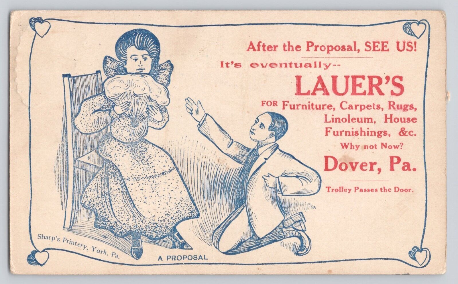Postcard Advertising Dover Pennsylvania Lauer's Furniture Carpets Rugs Proposal