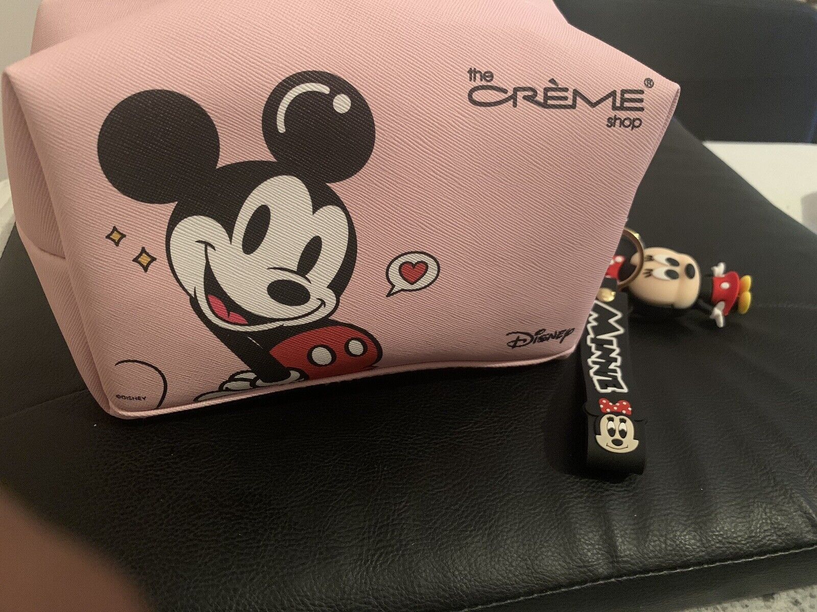 NWT The Creme Shop Disney’s Minnie and Mickey Pink Toiletry Bag  With Bag Charm