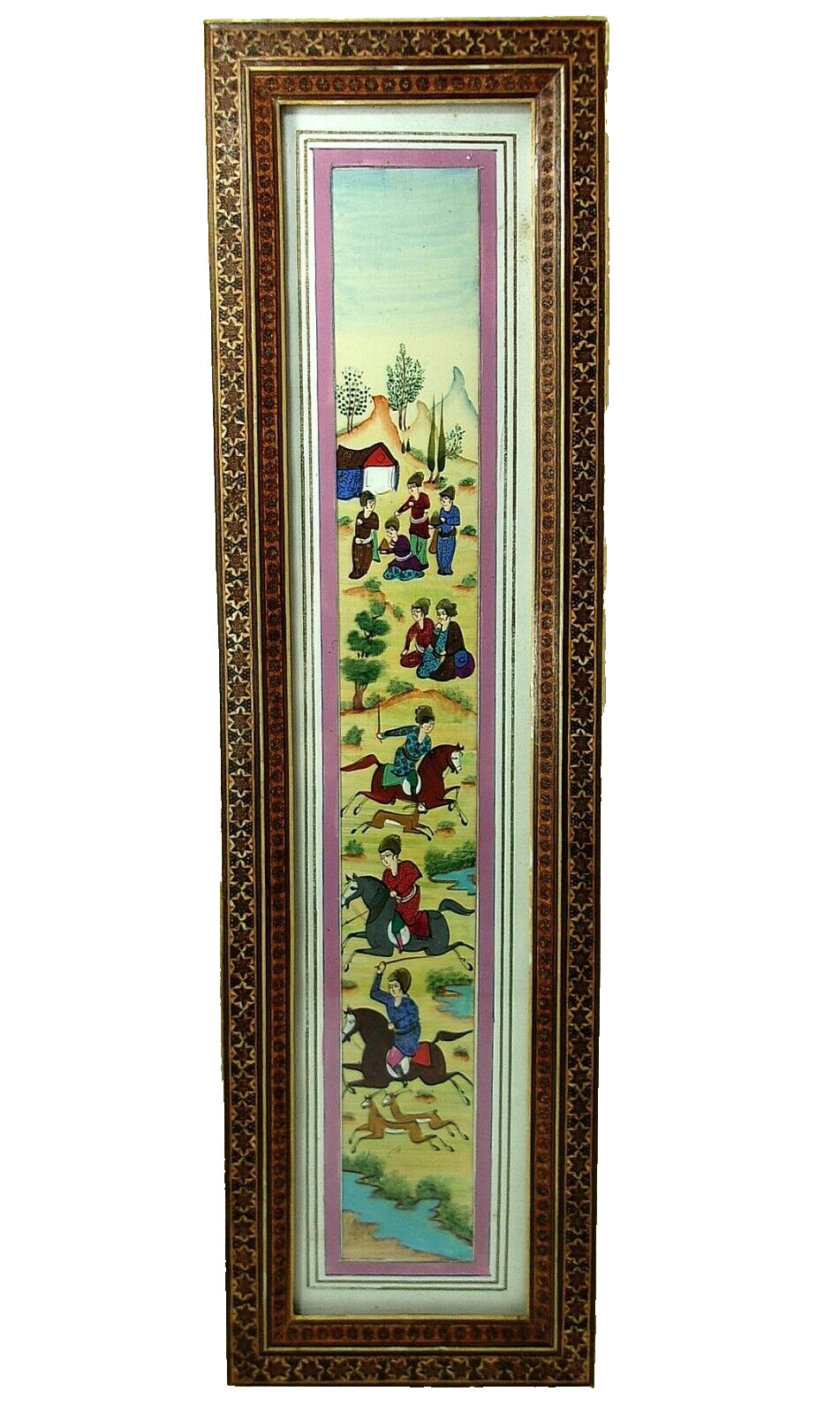 VTG Persia Middle Eastern Hunting Scene Mosaic Inlay Wood Frame