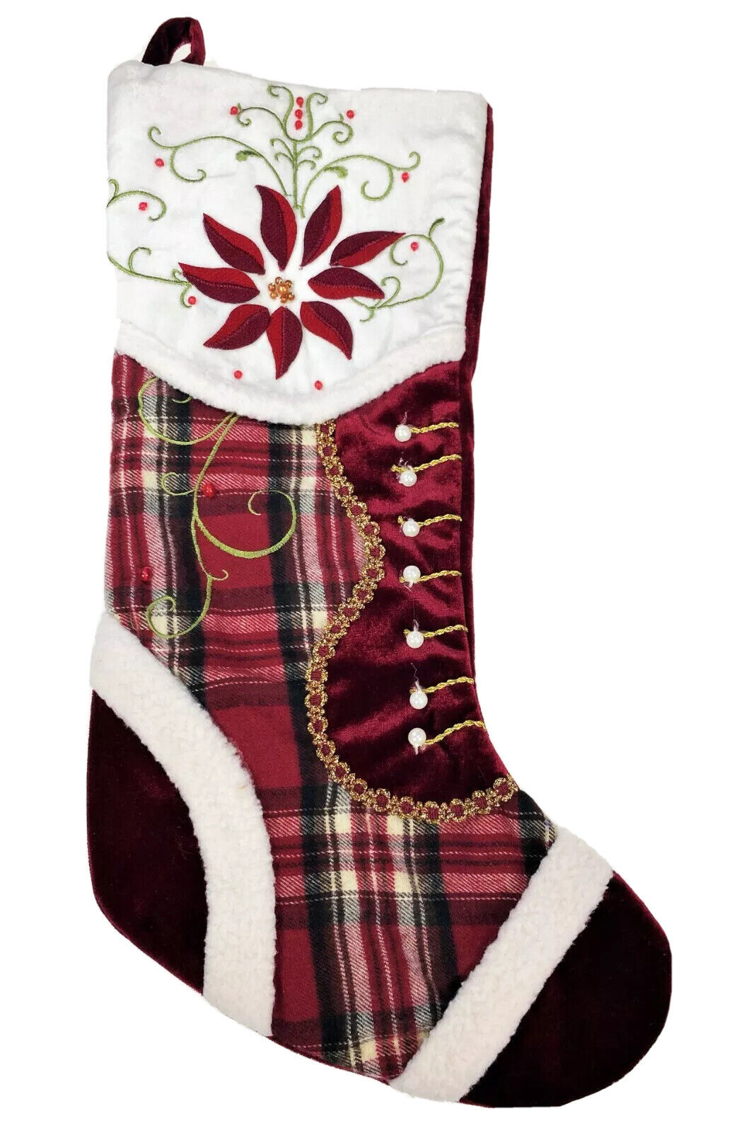 19” Christmas Holiday Stocking Victorian Plaid Boot Floral Velvet Velour Fleece