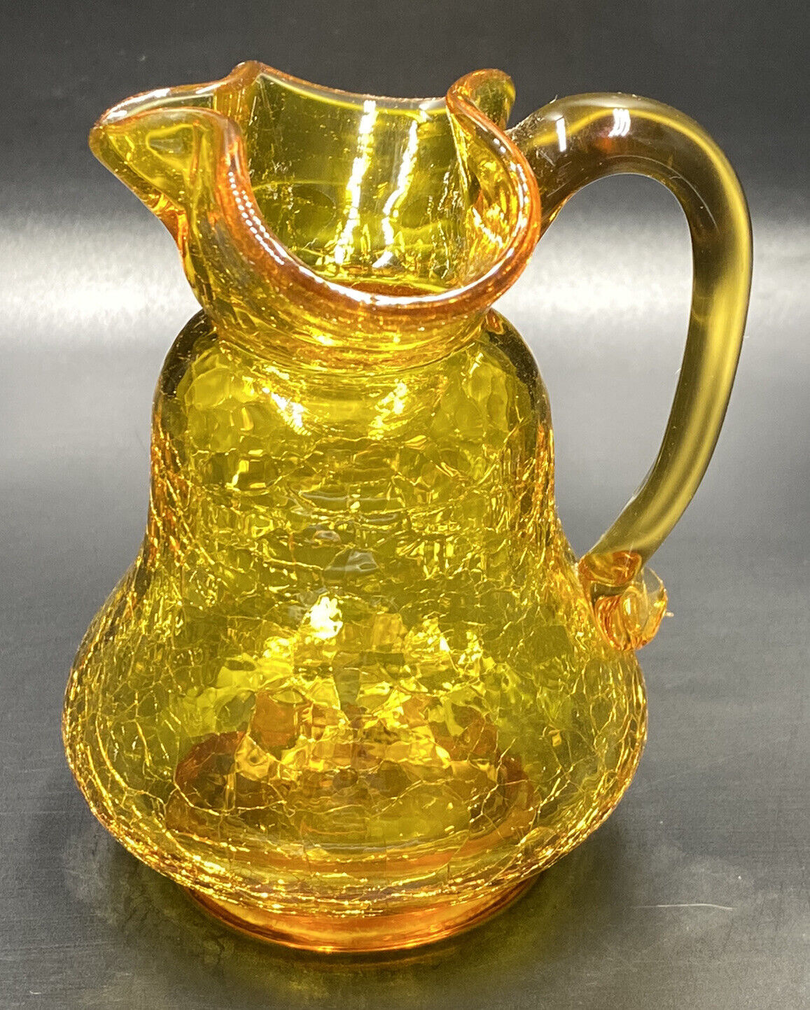 Kanawha Crackled Amber Glass Pitcher Hand Blown UV Reactive Double Spout Vtg MCM