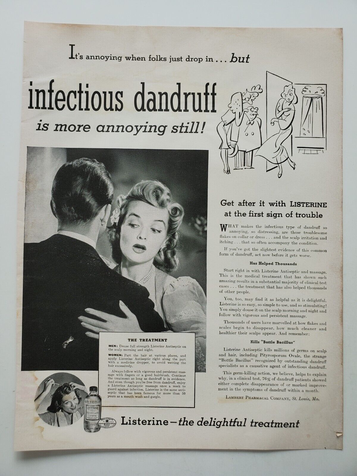 Listerine Antiseptic for Infectious Dandruff Control  1941 Vintage Print Ad