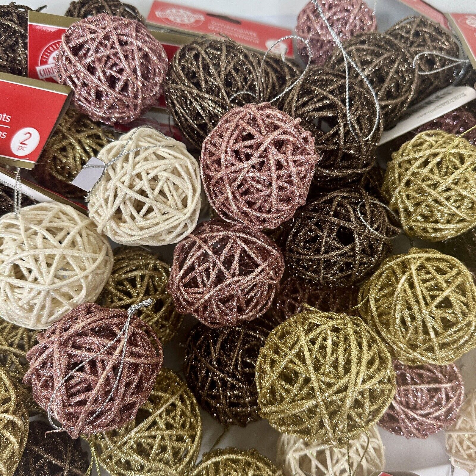 Box of Sparkly Wicker Round Ball Ornaments, Pink Gold White & Brown
