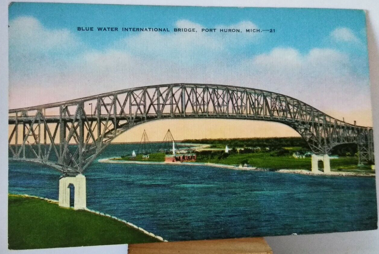 Blue Water International Bridge Port Huron Michigan Linen Vintage Postcard