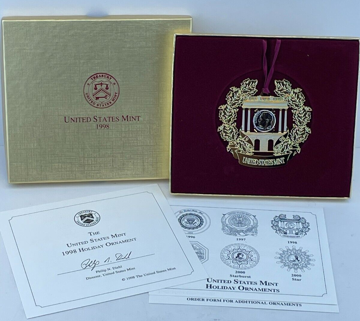 United States Mint Christmas Ornament DIME Box and Certificate 1998