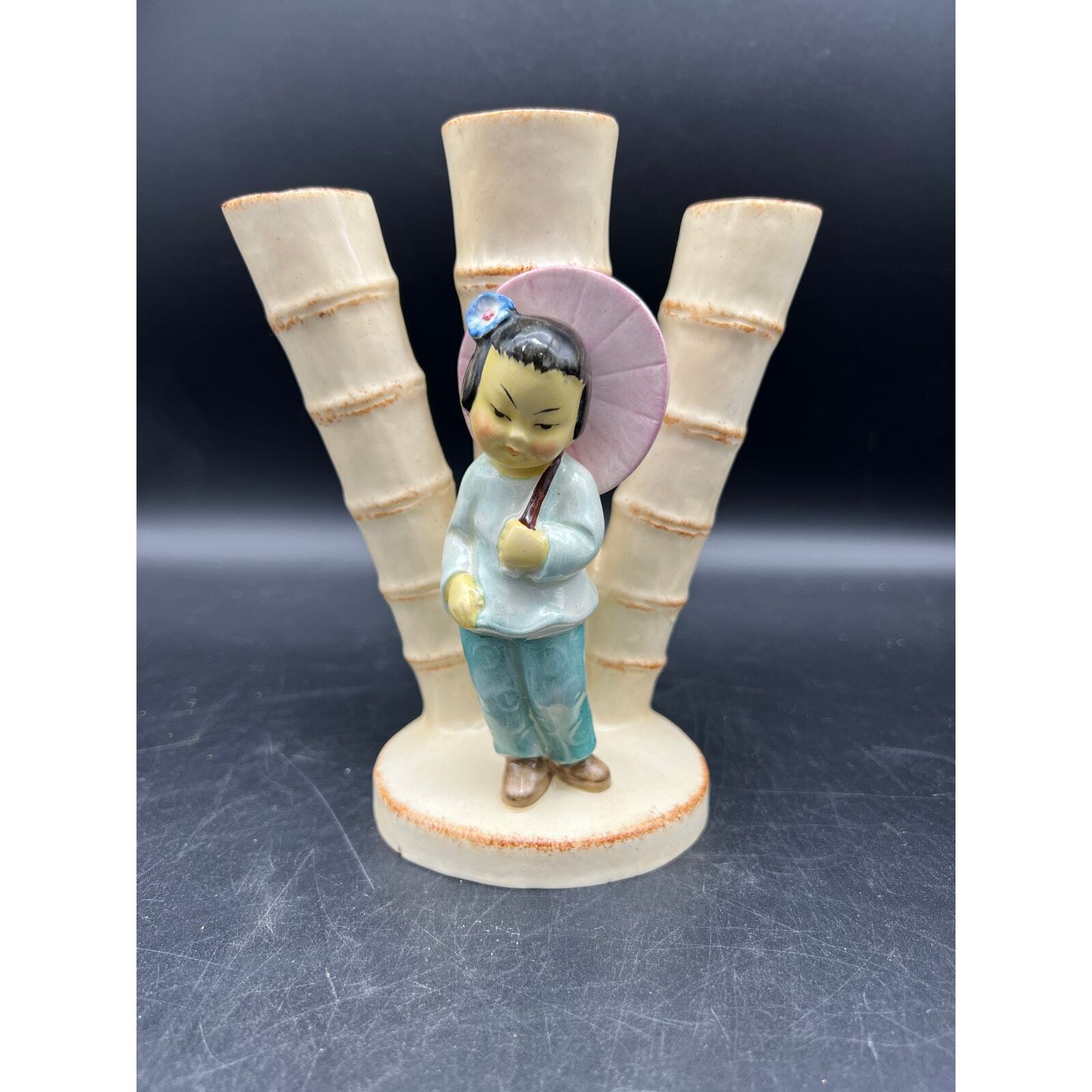 Vintage Erphila Germany Bamboo Finger Vase with Asian Girl with Umbrella
