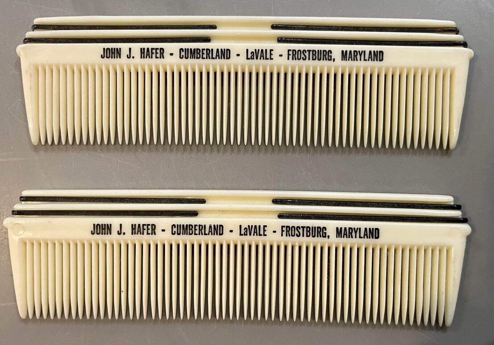 Rare 2 CELLULOID Vanity Combs w/ Bobby Pins MARYLAND