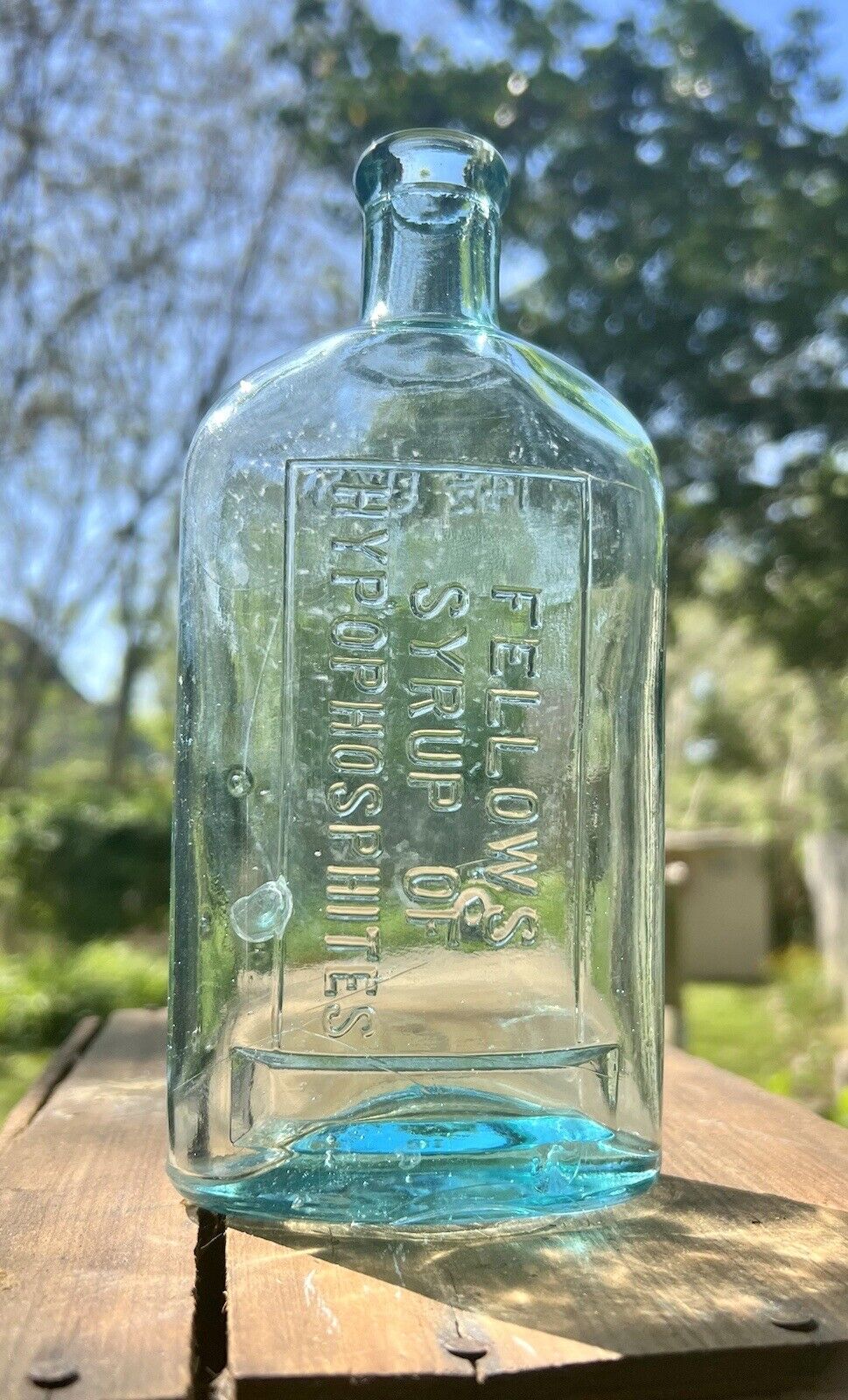 Antique Fellows Syrup Of Hypophosphites  Bottle, Aqua Green , 7” Tall, Near Mint