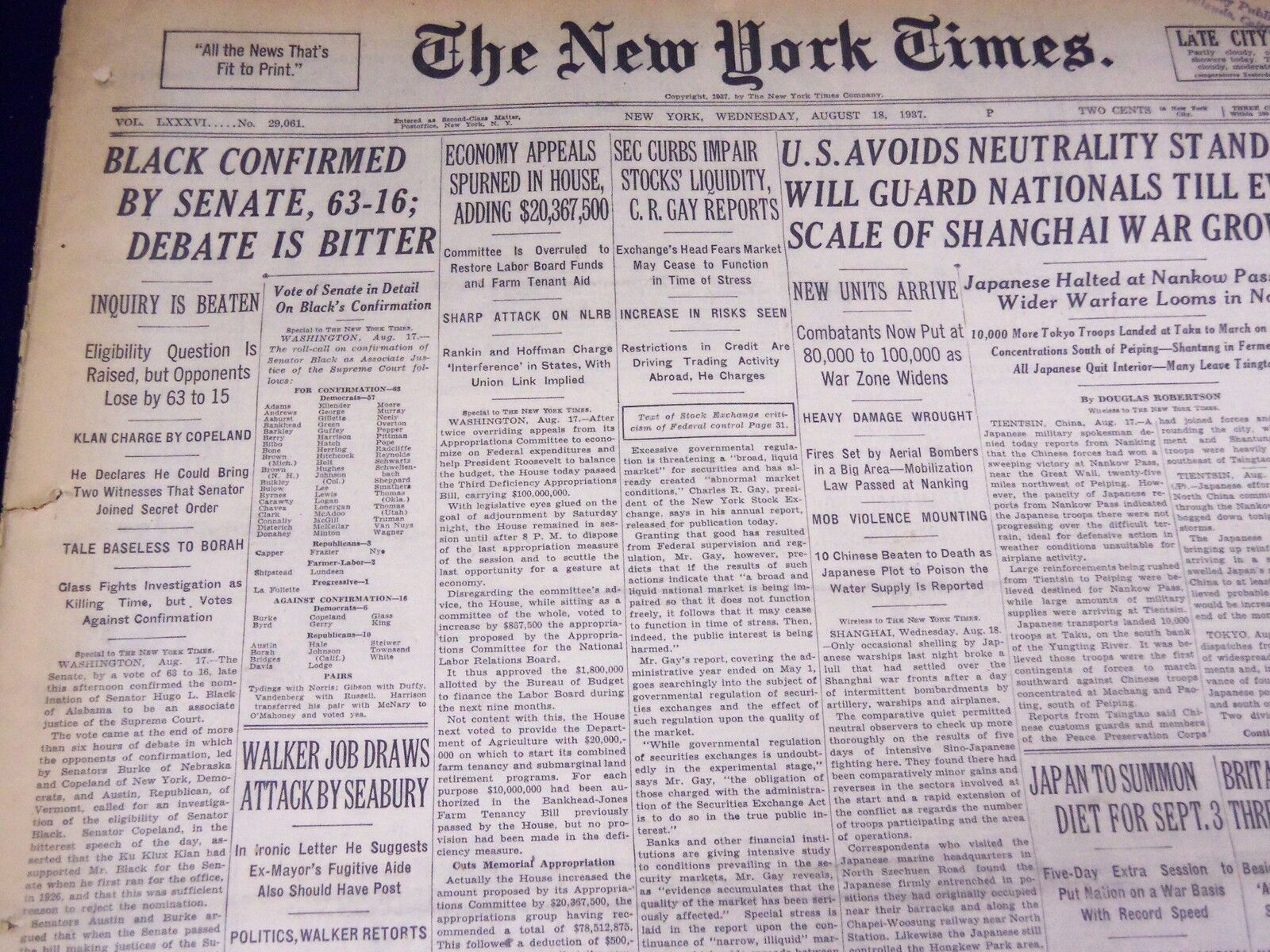 1937 AUGUST 18 NEW YORK TIMES - BLACK CONFIRMED BY SENATE 63-16 - NT 3025