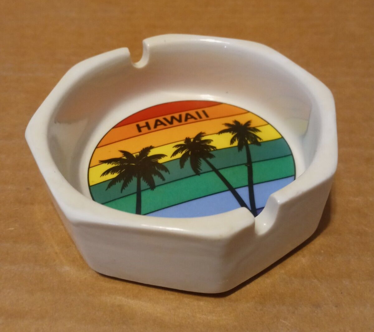 Vintage Hawaii Souvenir Rainbow Ashtray White Porcelain Octagon 3.75\