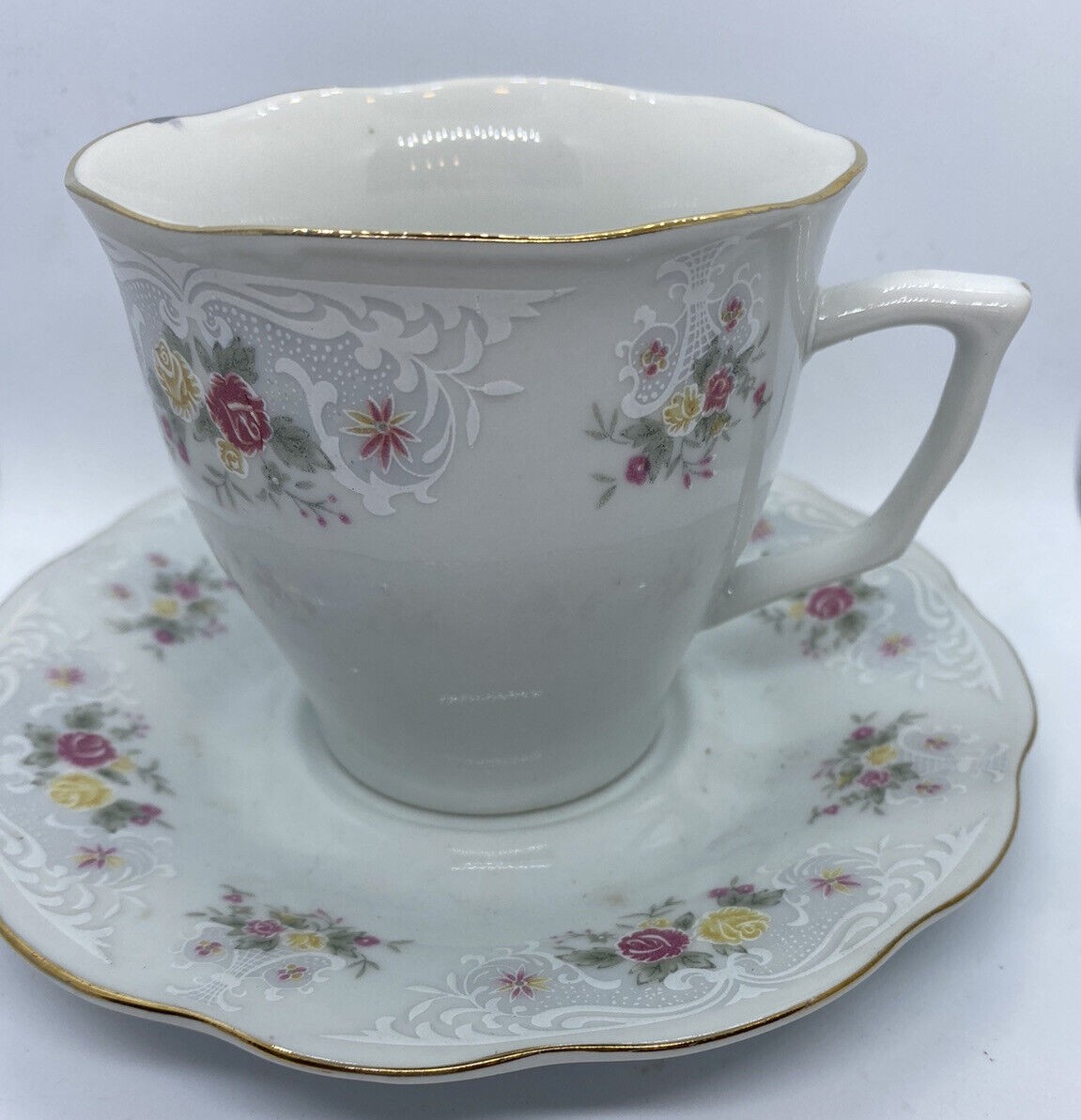 Floral Tea Cup and Saucer Gold Rim by Allied Design