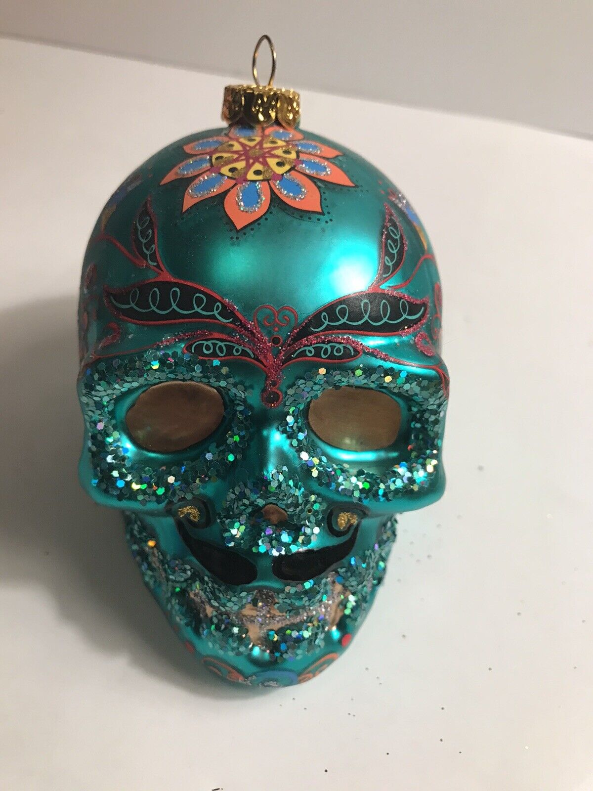 Old World Christmas Glass Sugar Skull Turquoise 4\
