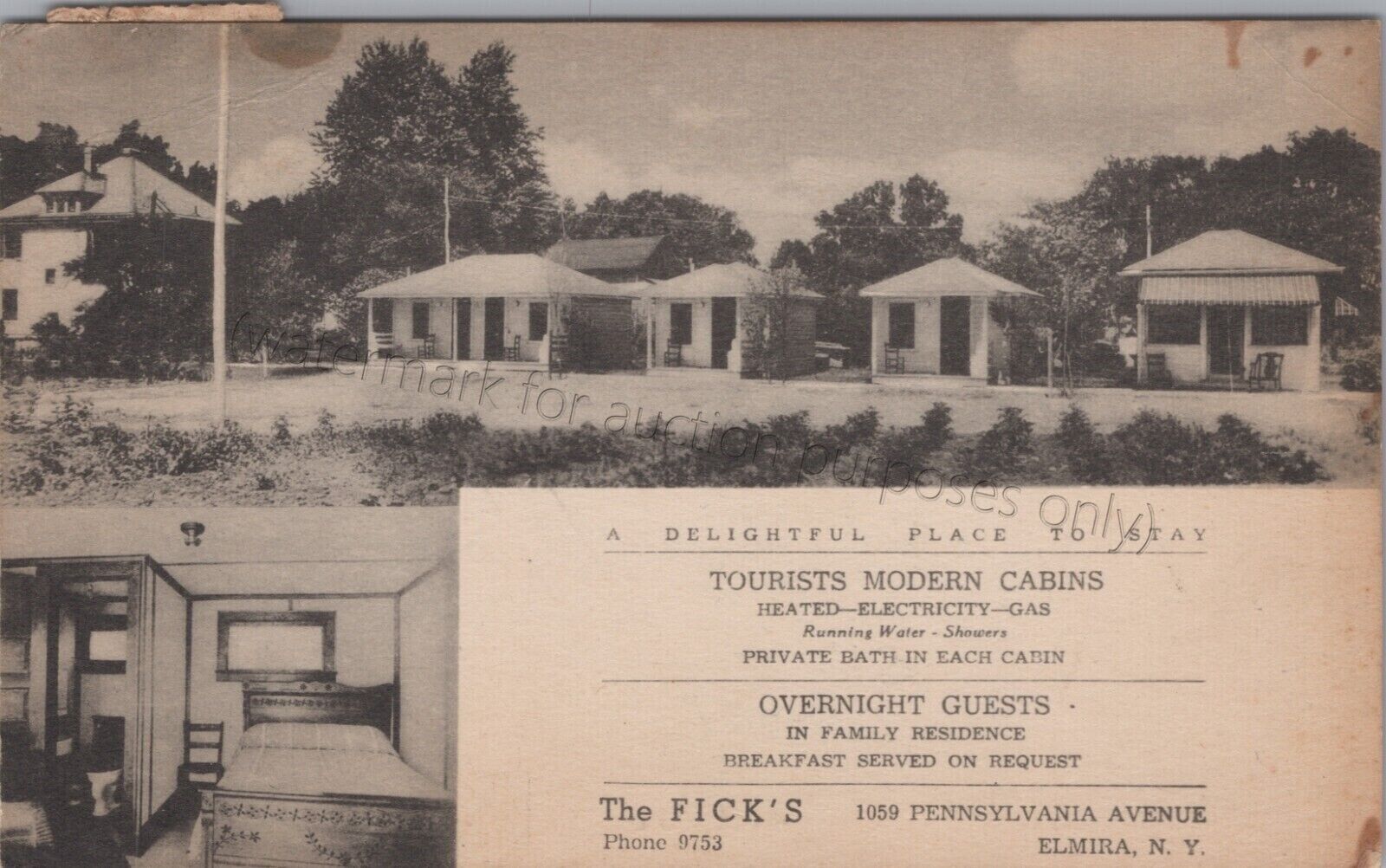 Elmira, NY: The Fick\'s, Tourist Cabins, with interior, 1941 - New York Postcard