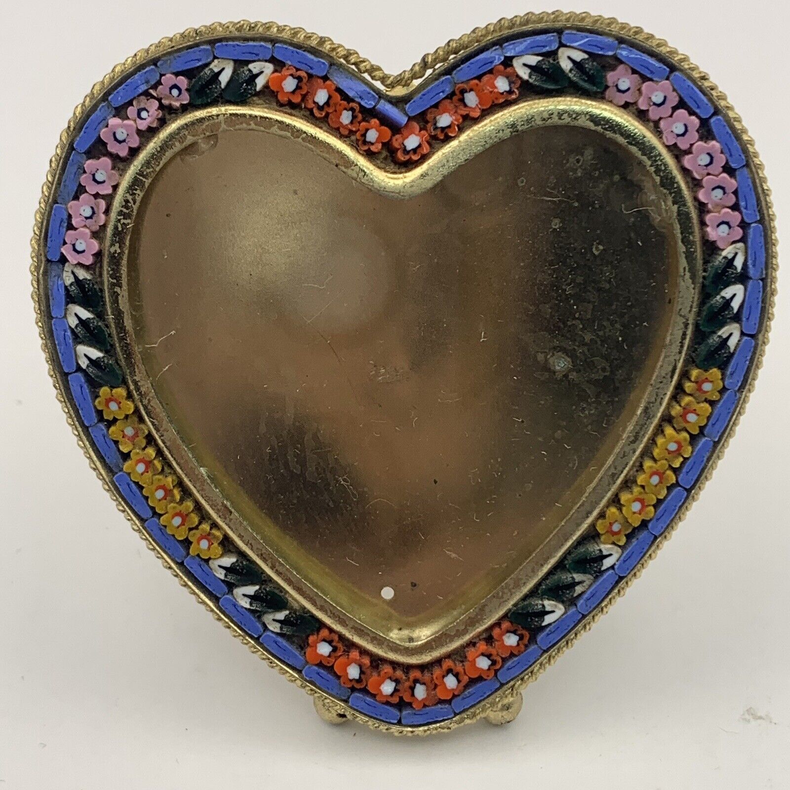 VINTAGE ITALY MINI MICRO MOSAIC EASEL BACK HEART SHAPE PICTURE FRAME GC