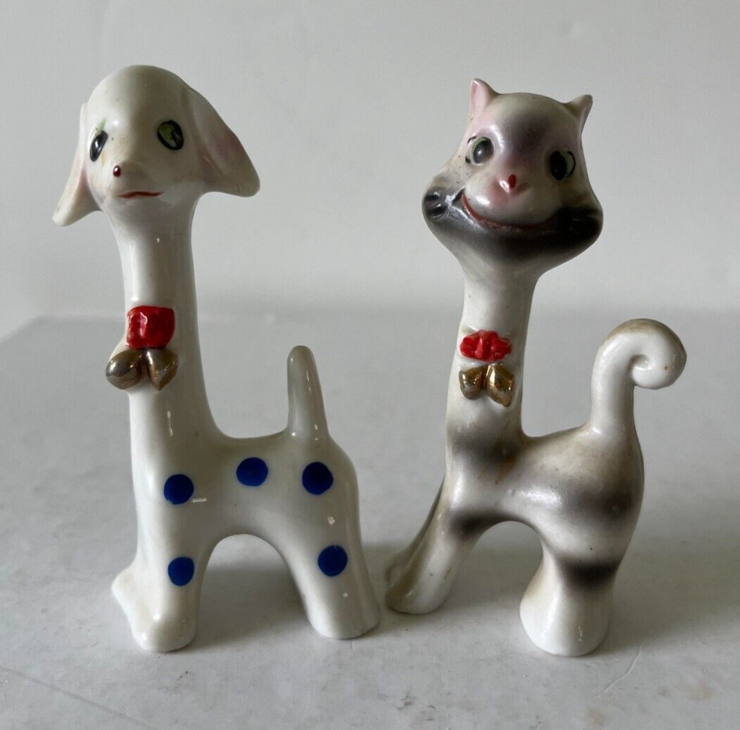 Japanese Ceramic Smiling Cheshire Cat & Long Neck Dog Figurines 3.5\