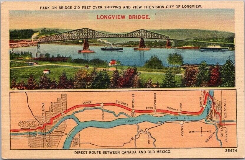 Vintage 1940s Longview, Washington Linen Postcard 