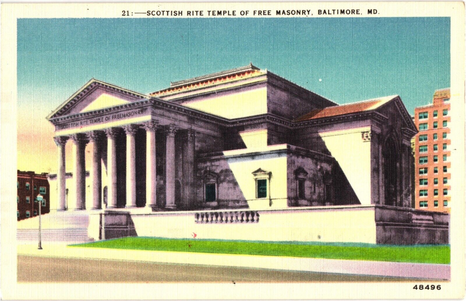 Scottish Rite Temple of Free Masonry Baltimore Maryland Linen Postcard 1920s
