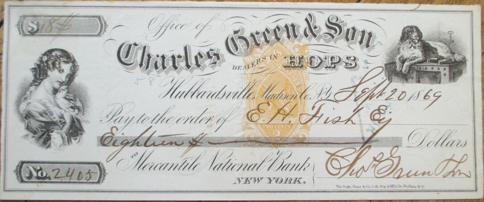 Hubbardsville, NY 1869 Bank Check, Charles Green Hops Dealer, Imprinted Revenue