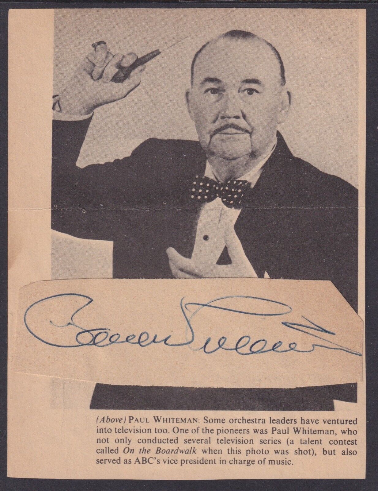 Paul Whiteman, American bandleader, composer, clipped signature on photo article