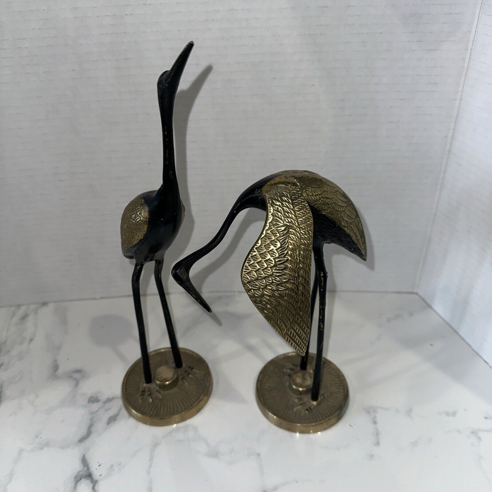 Vintage Pair of Brass & Black Enamel Crane Statues, Brass Cranes MCM