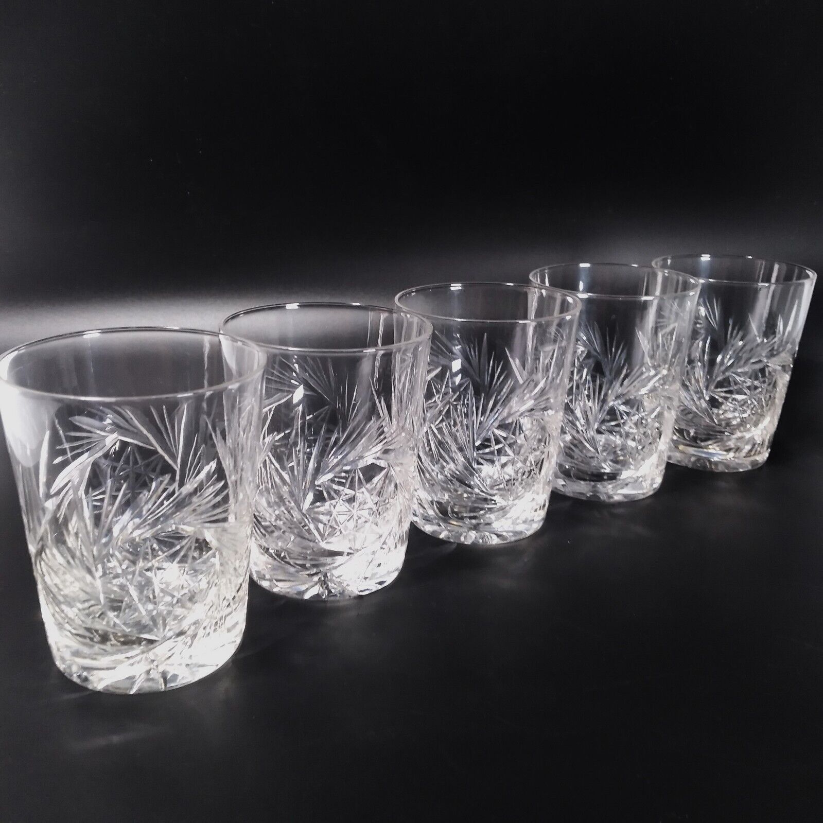 5 American Brilliant Crystal Whiskey Glasses Cut Spinning Star Fan Antique ABP