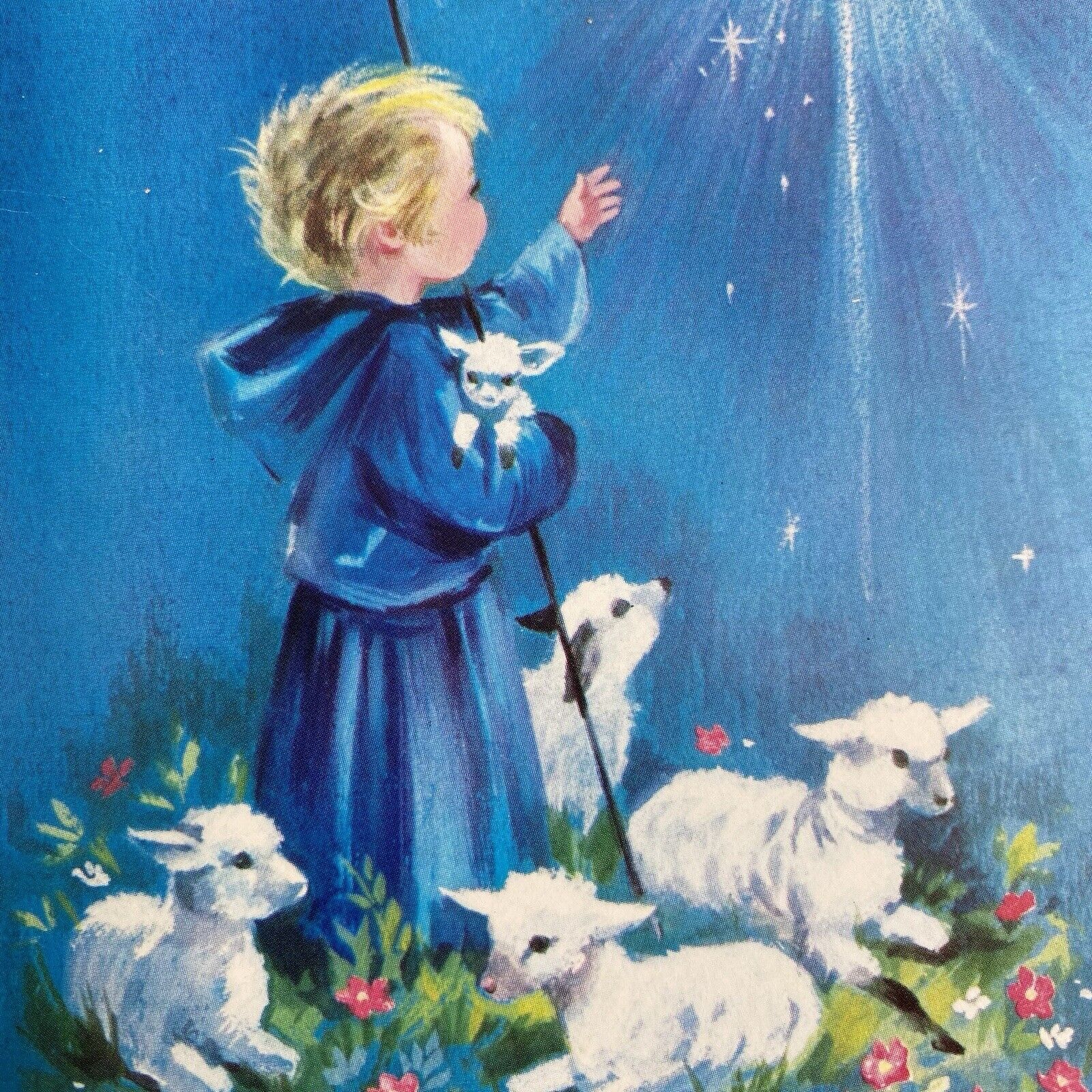 Vintage Mid Century Christmas Greeting Card Cute Shepherd Boy Sheep Star In Sky