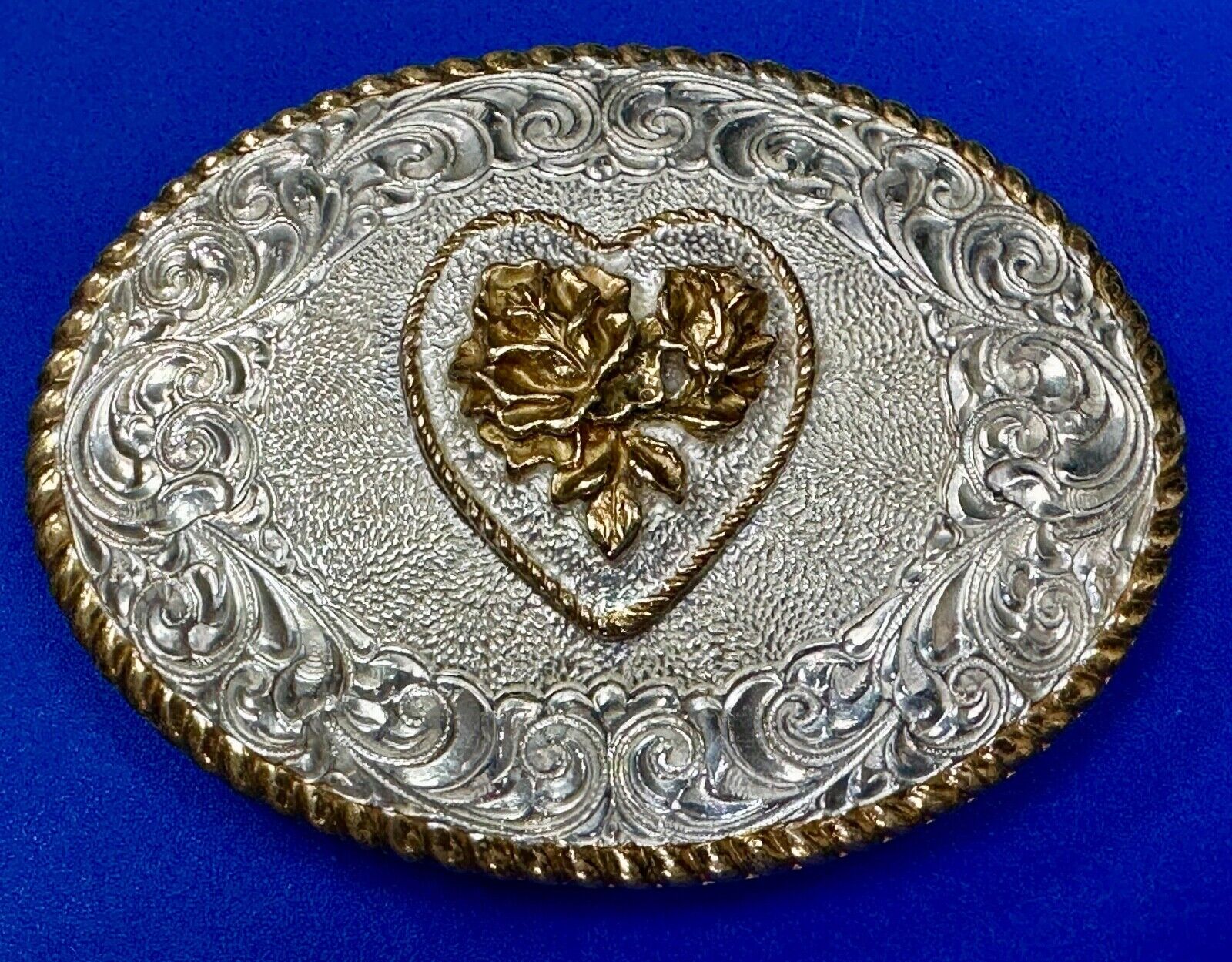 HEART Centerpiece Vintage two tone flower swirl Belt Buckle by Crumrine