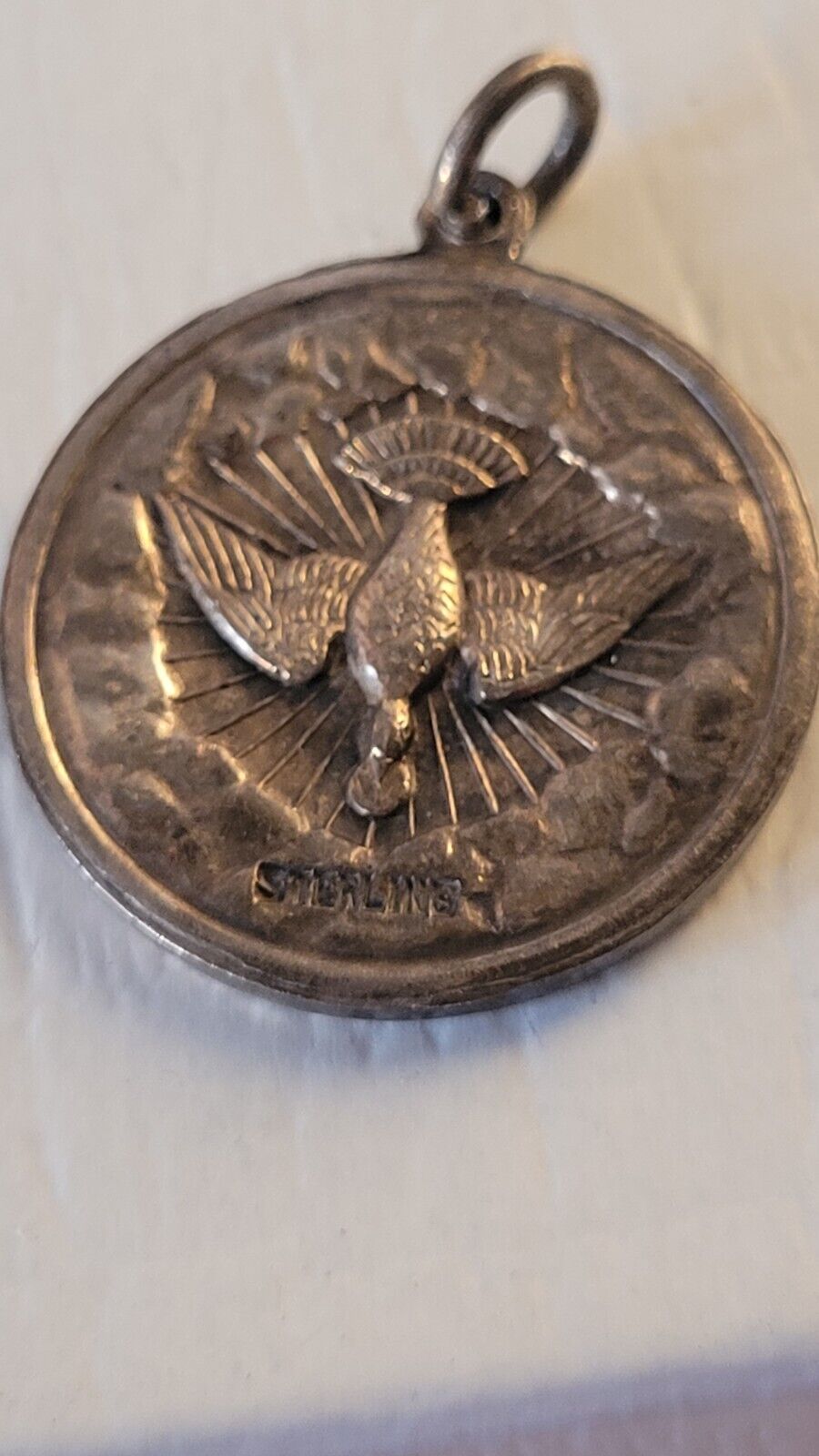Vintage Pendant Medal Holy Spirit Dove Sterling Silver Mary Joseph Jesus
