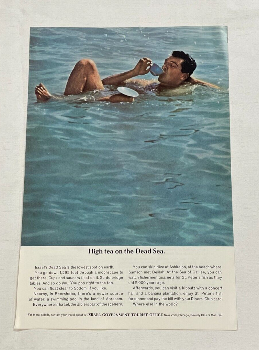 1963 Israel Government Tourist Office Original Print Ad ~ High Tea on Dead Sea