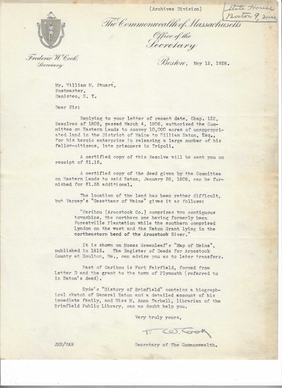 1928 Letter, The Commonwealth of Massachusetts, Office of The Secretary, Boston