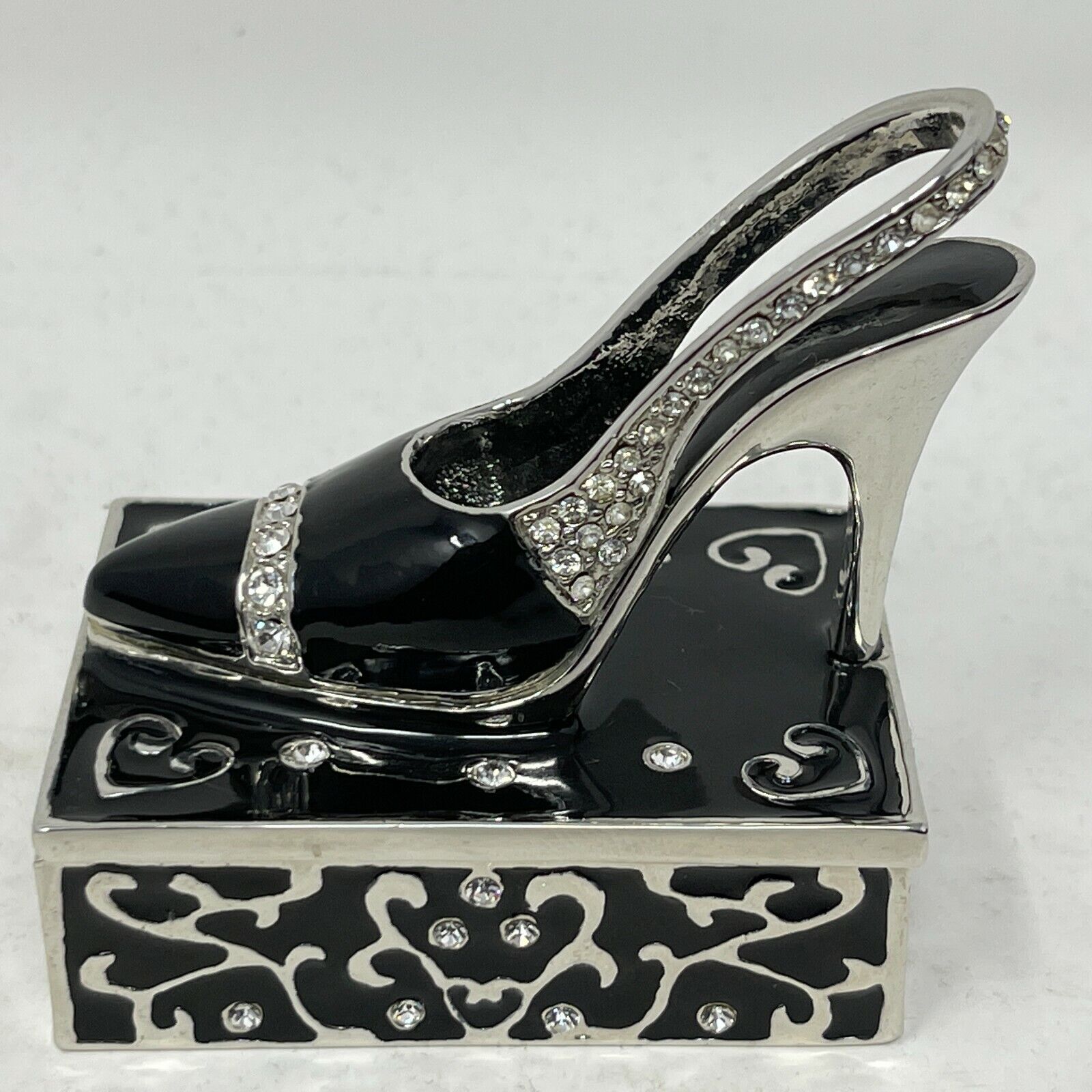 Jere Wright Black Enamel High Heel Shoe Rhinestone Bejeweled Trinket Box Magnet