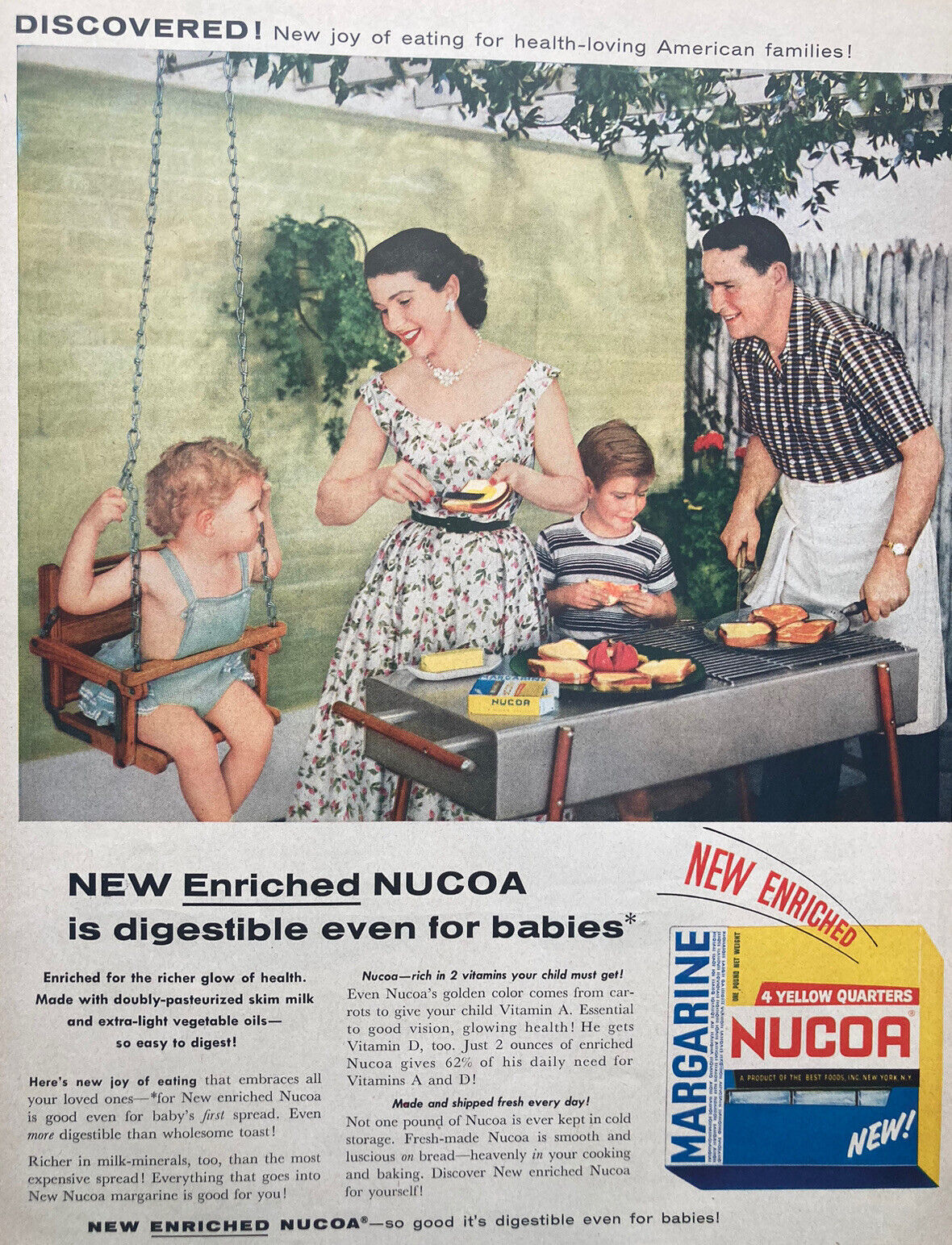 Vintage 1954 NUCOA Margarine Print Ad: Newly Enriched Digestible Even For Babies
