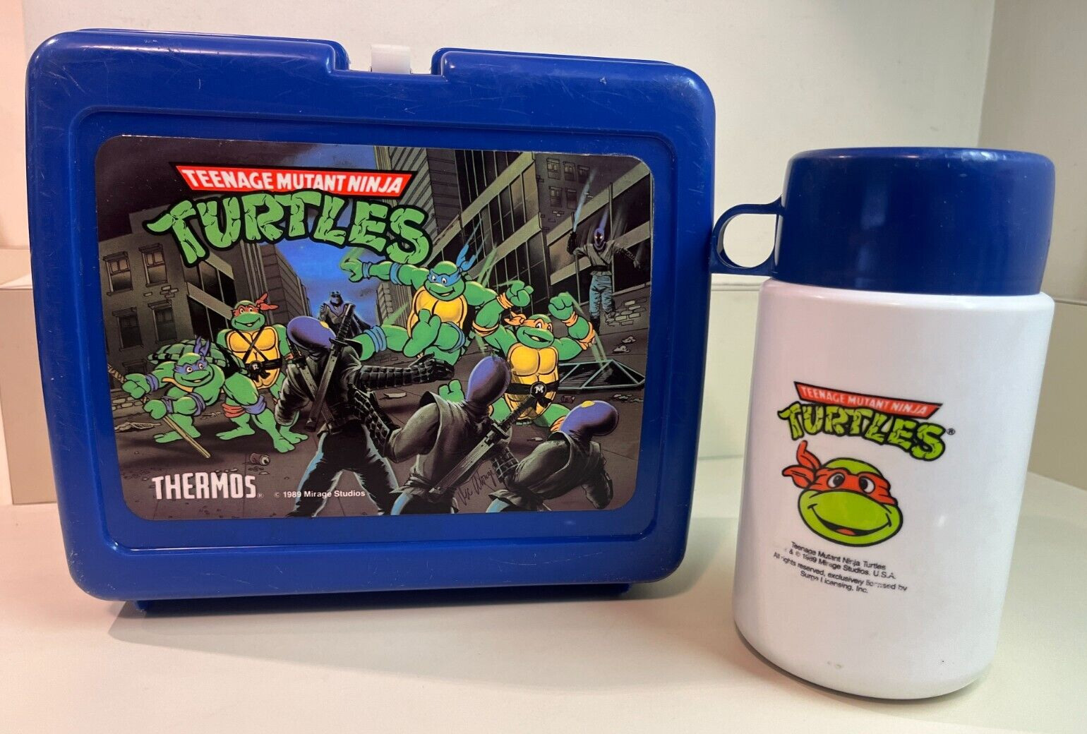 Teenage Mutant Ninja Turtles Blue Lunch Box & Thermos Plastic TMNT Vintage 1989