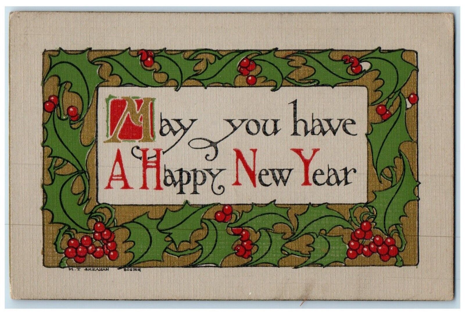 c1910\'s New Year Arts Craft Holly Berries Old Mystic Connecticut CT Postcard