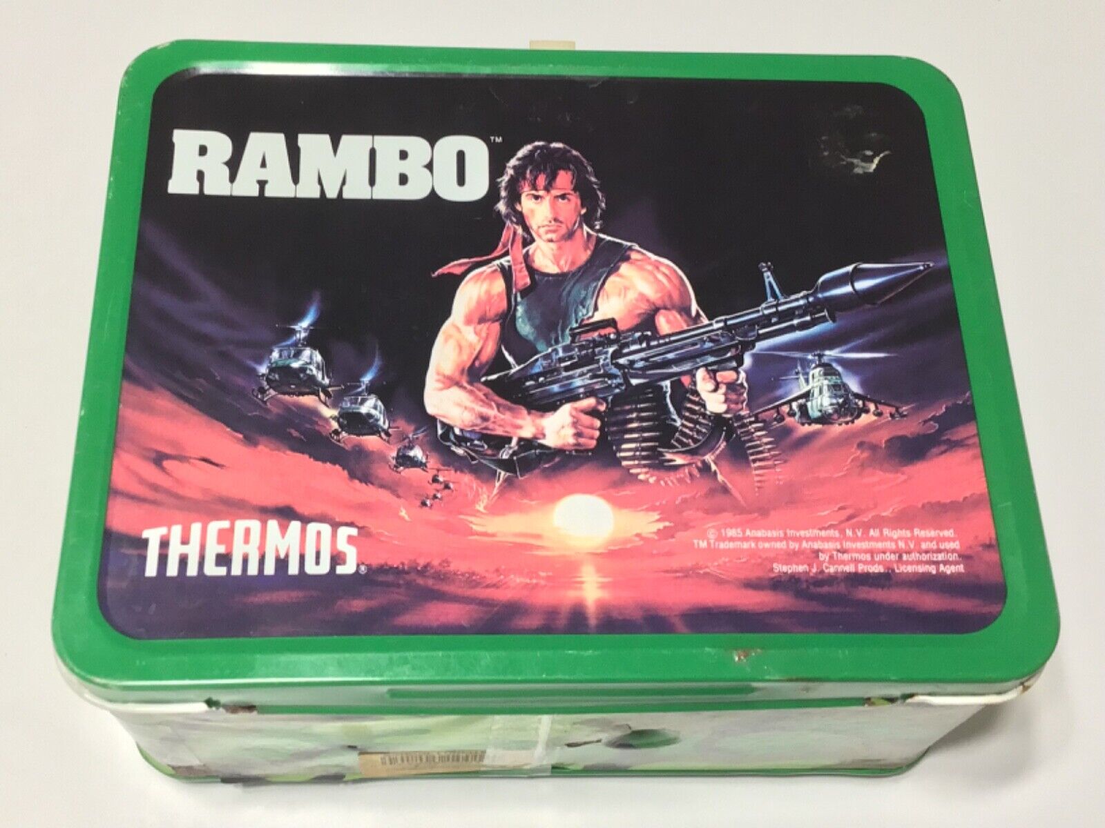 Vintage RAMBO 1985 VINTAGE METAL LUNCH BOX AND THERMOS GREEN SYLVESTER STALLONE