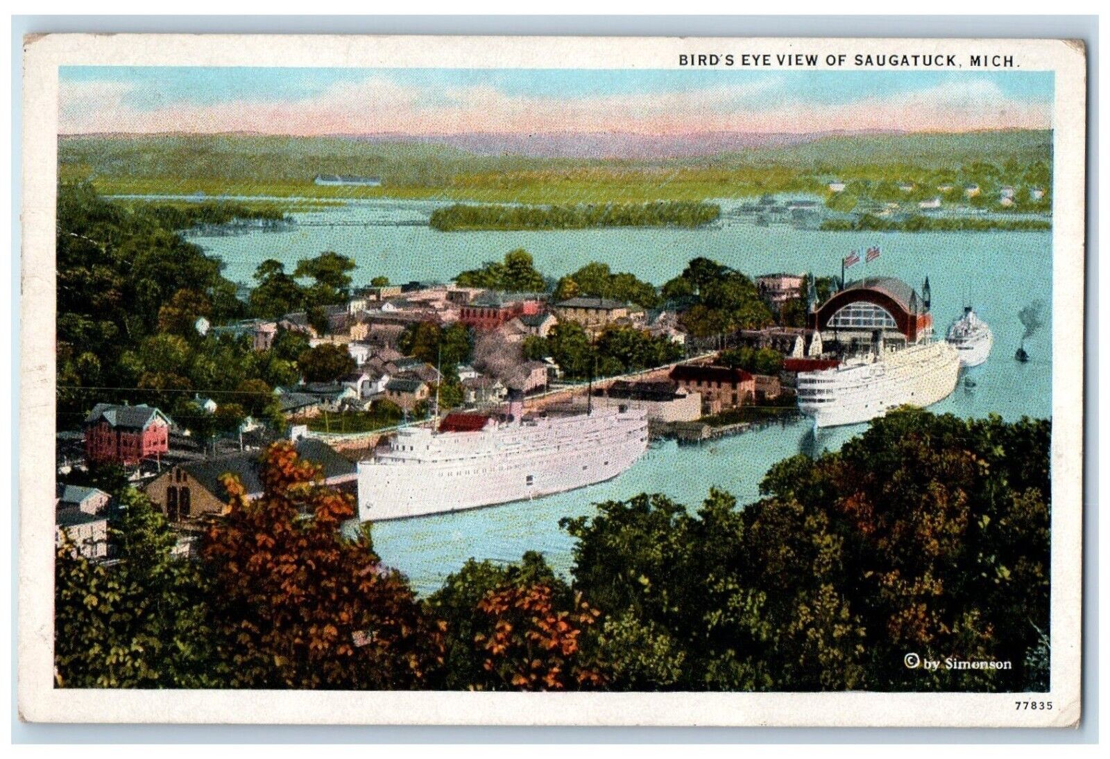1928 Birds Eye View Saugatuck Lake Ship Dock Michigan Vintage Antique Postcard