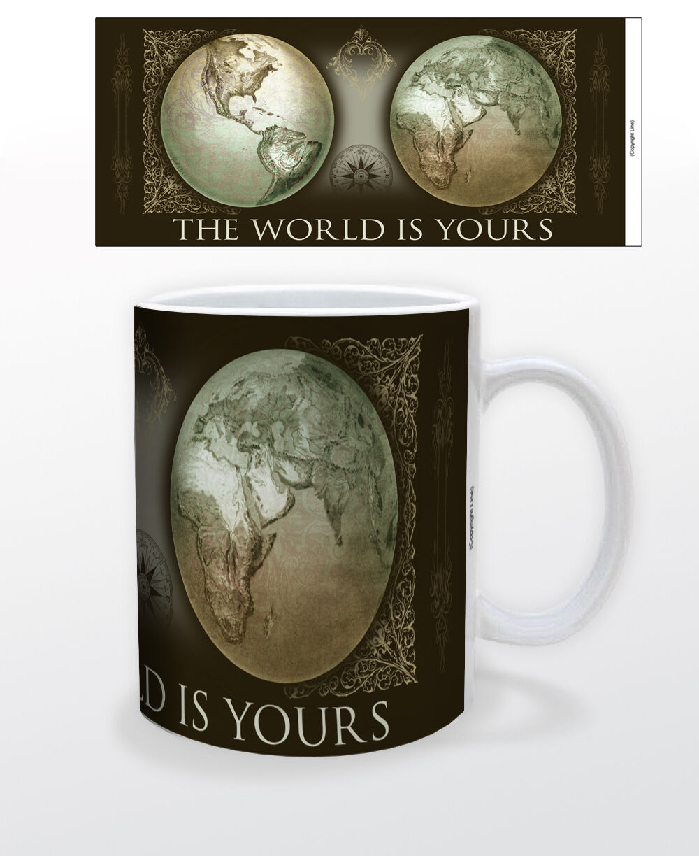 THE WORLD IS YOURS 11 OZ COFFEE MUG TEA CUP ART DECOR MAP INSPIRATION QUOTE FUN