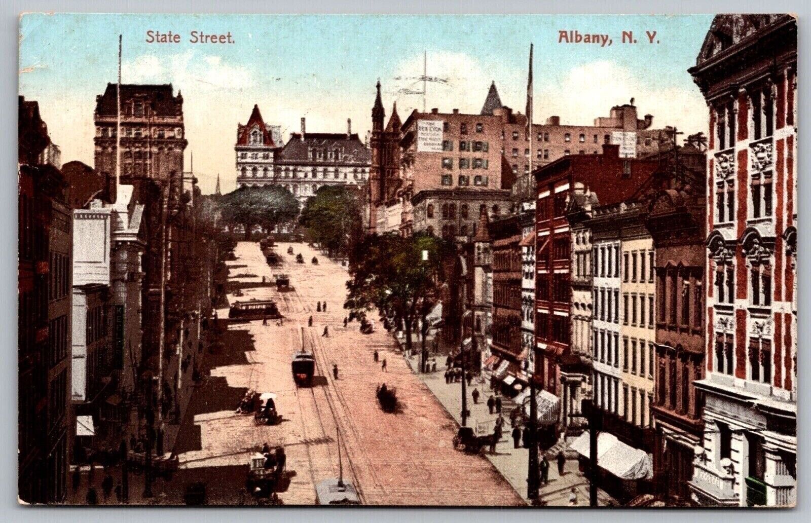 State Street Albany New York Birds Eye View Trolley Cable Cars Vintage Postcard