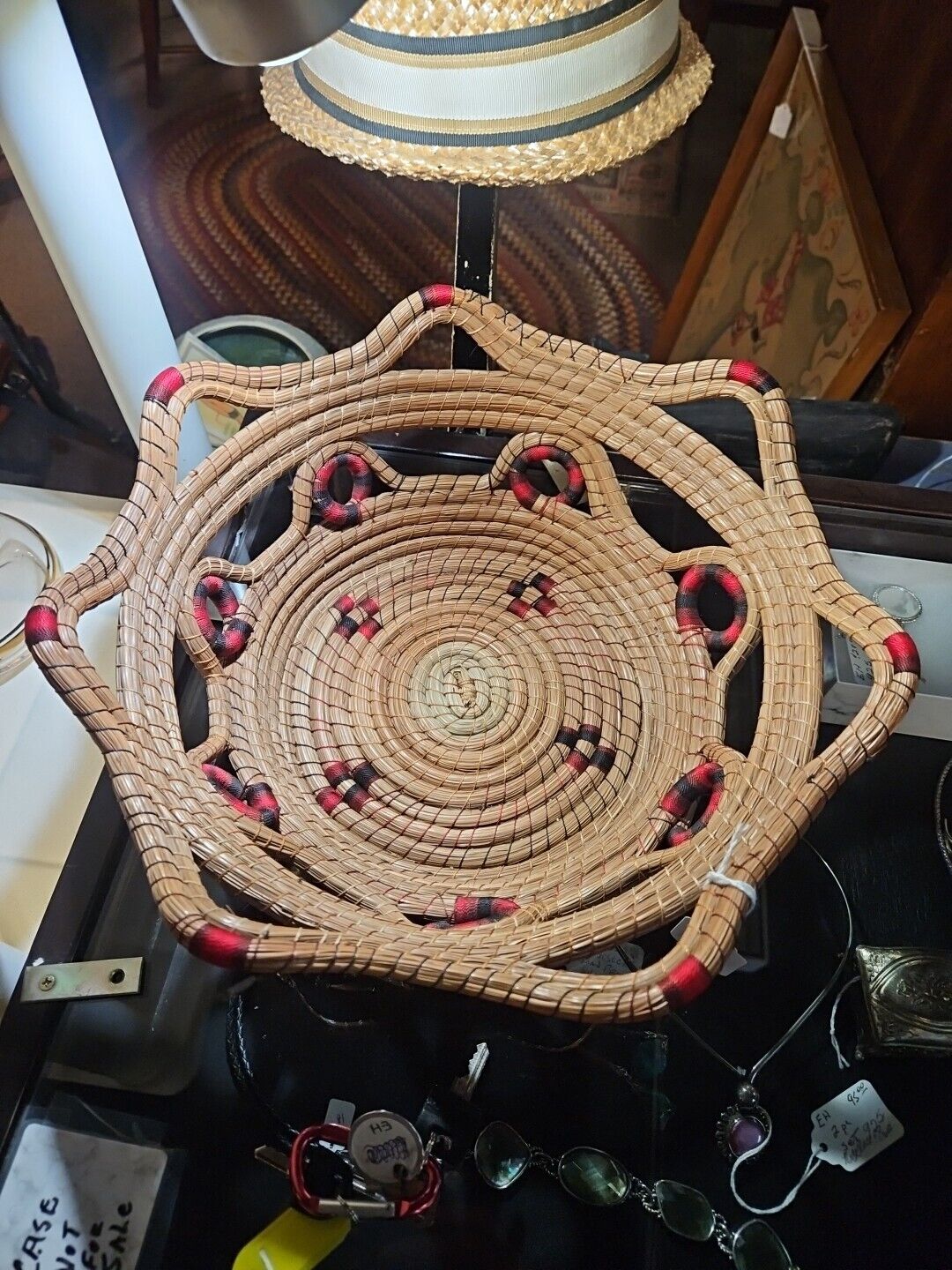 Vintage Hand Woven Colored Coiled Rye Straw Basket 12\